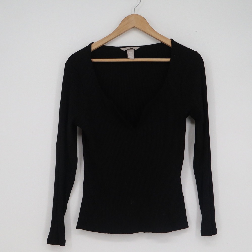 HM Womens Black Ribbed Deep V-Neck Long Sleeve Top Large